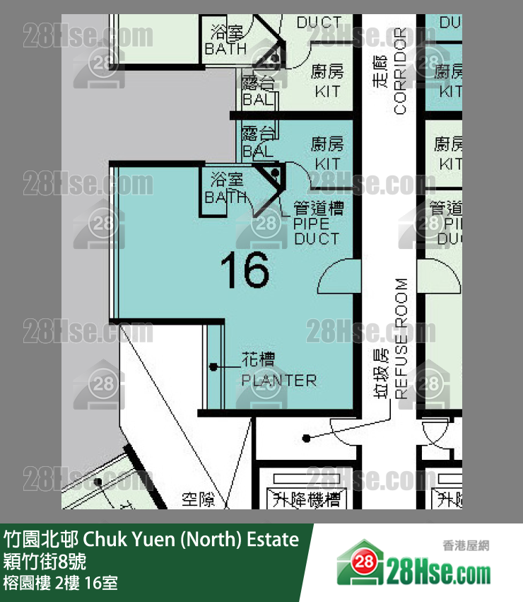 竹園北邨 榕園樓2樓 16室 平面圖