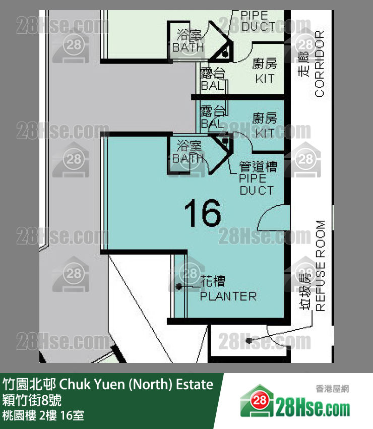 竹園北邨 桃園樓2樓 16室 平面圖