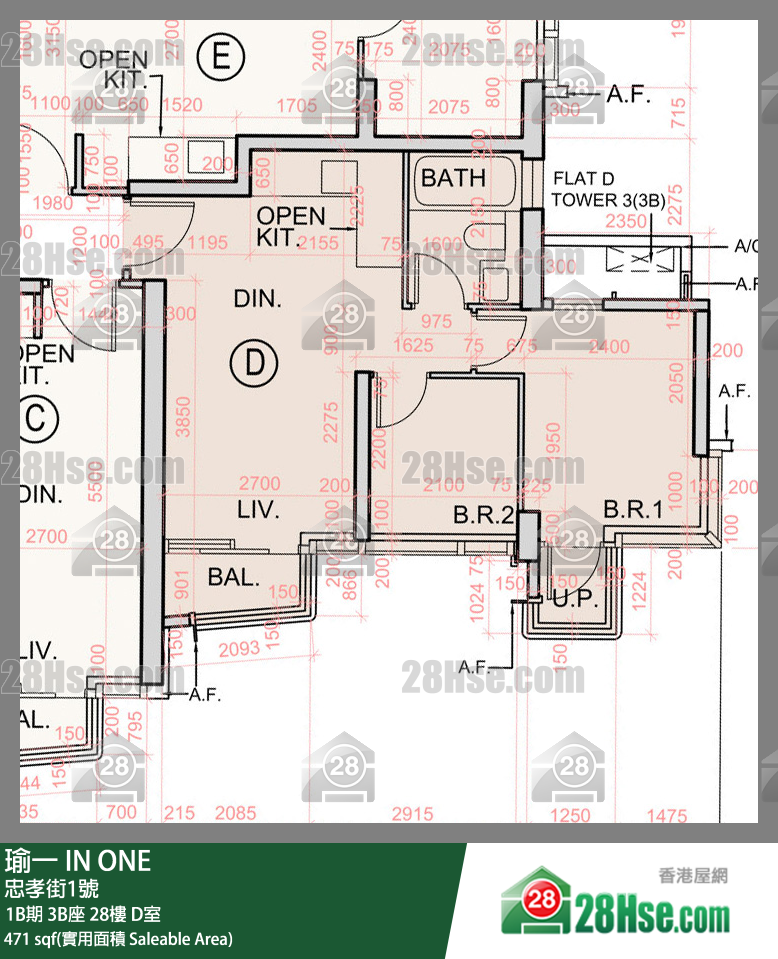 瑜一 1B期 3B座 28樓 D室 平面圖