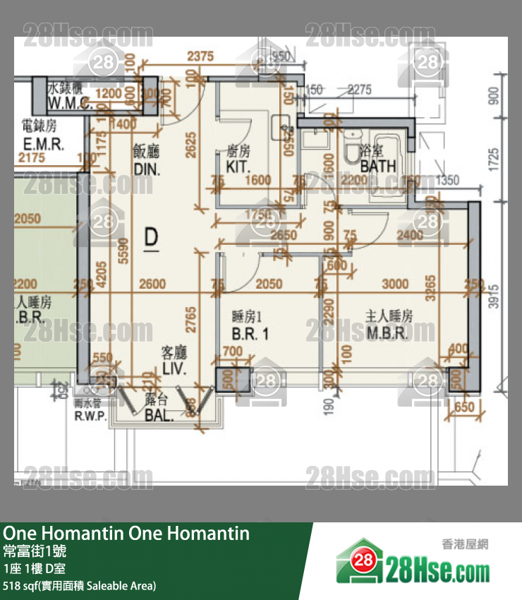 One Homantin 1座 1楼 D室 平面图