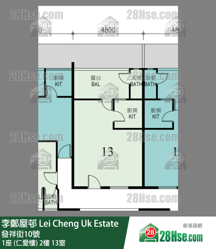 李鄭屋邨 1座 (仁愛樓)2樓 13室 平面圖
