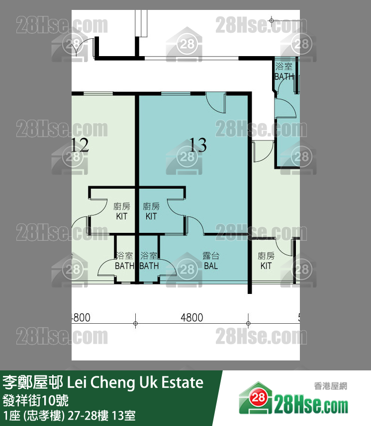 李鄭屋邨 1座 (忠孝樓)28樓 13室 平面圖
