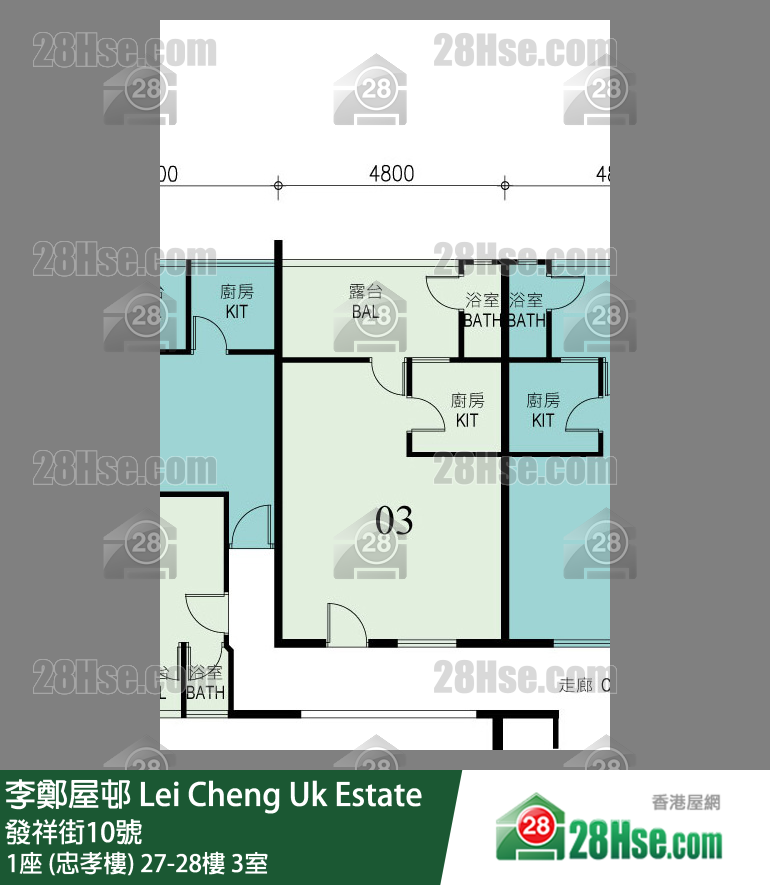 李鄭屋邨 1座 (忠孝樓)28樓 3室 平面圖