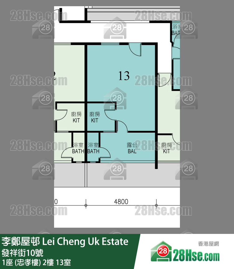 李鄭屋邨 1座 (忠孝樓)2樓 13室 平面圖