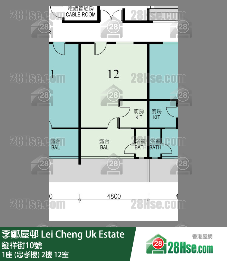 李鄭屋邨 1座 (忠孝樓) 2樓 12室 平面圖
