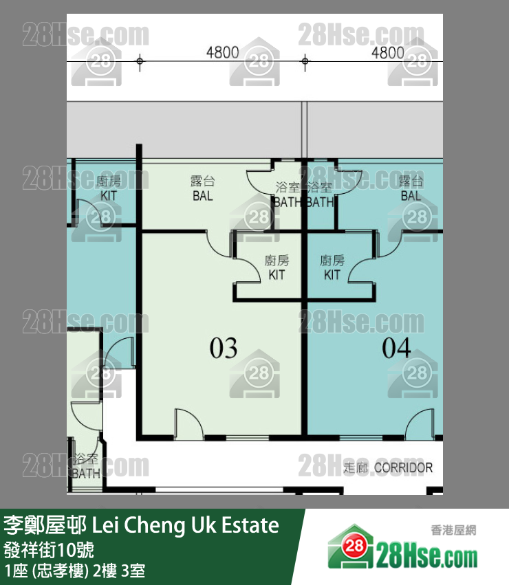 李鄭屋邨 1座 (忠孝樓)2樓 3室 平面圖