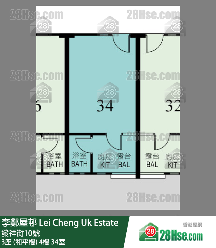 李鄭屋邨 3座 (和平樓)4樓 34室 平面圖