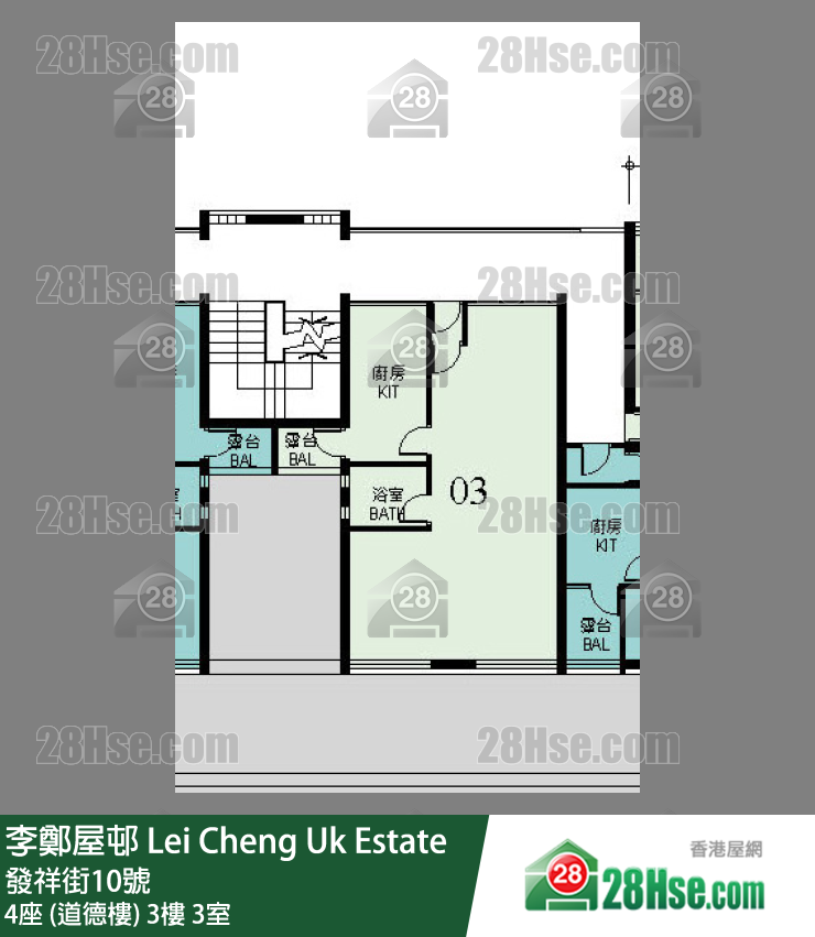 李鄭屋邨 4座 (道德樓)3樓 3室 平面圖