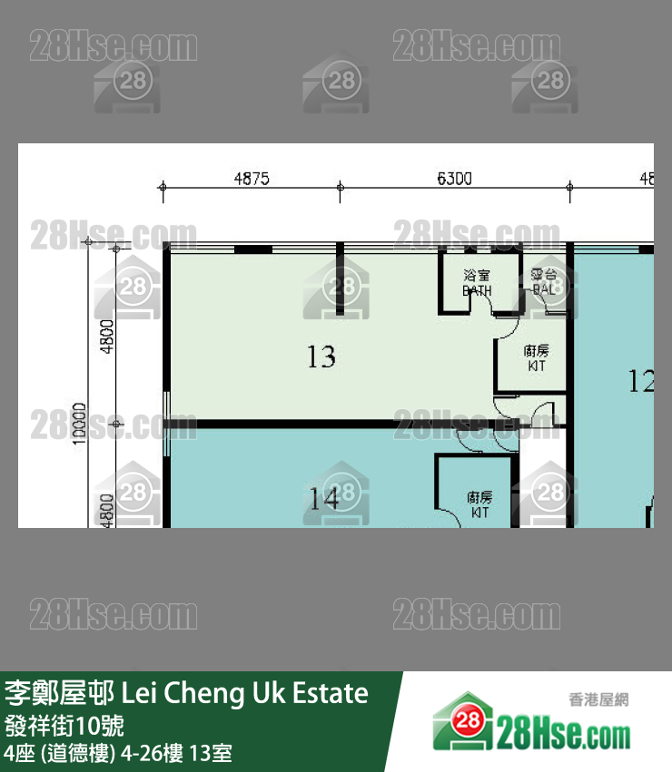 李鄭屋邨 4座 (道德樓)4樓 13室 平面圖