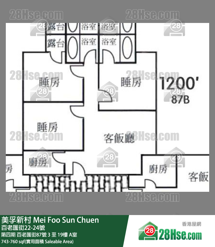 美孚新邨 第四期百老匯街87號14樓 A室 平面圖