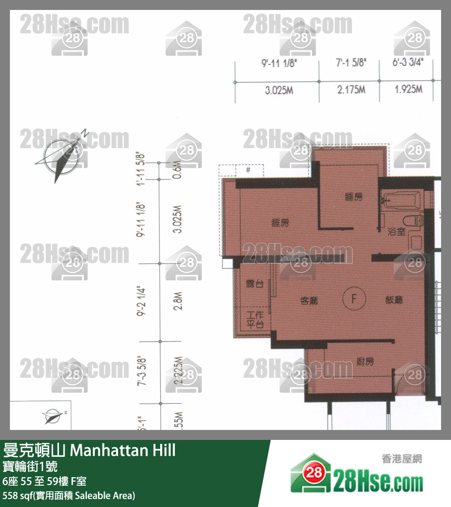 曼克頓山 6座 55樓 F室 平面圖